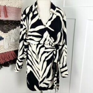 H&M wrap dress black cream floral leaf / zebra pattern
